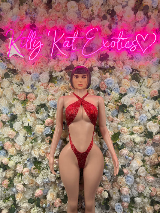 Red halter strappy bodysuit with crisscross back, high-leg one-piece