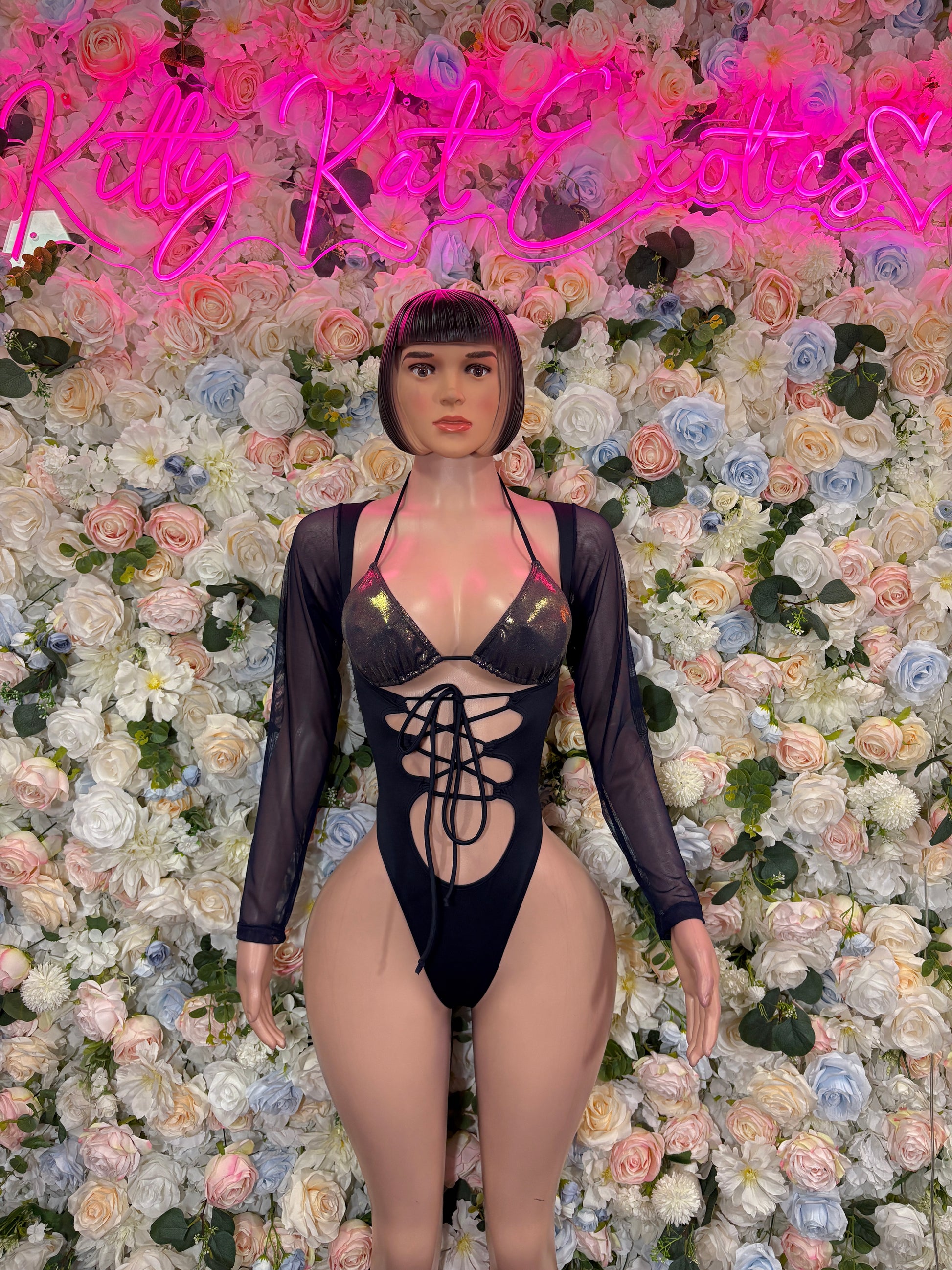 Long-sleeve sheer bodysuit with lace-up front and halter neckline, dark navy
