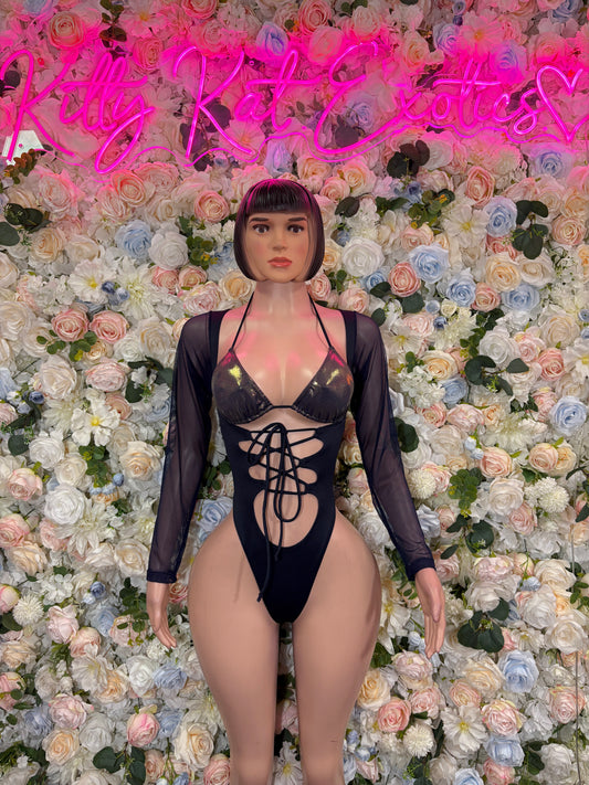 Long-sleeve sheer bodysuit with lace-up front and halter neckline, dark navy