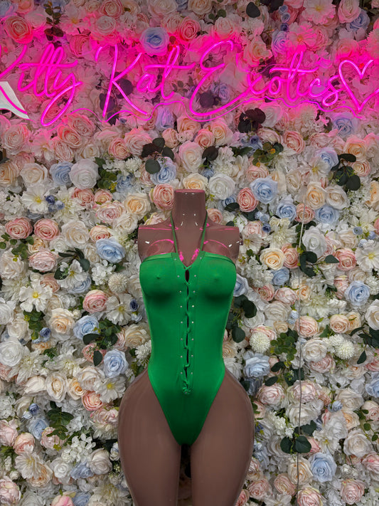 Green sleeveless rave bodysuit with halter neckline and snap-button front