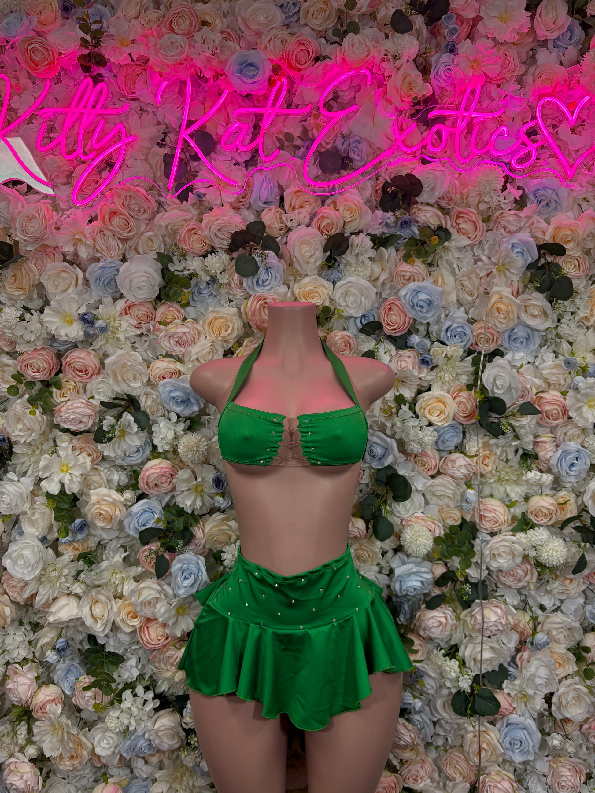 St Patrick's Day green skirt set with halter-style top and flared mini skirt