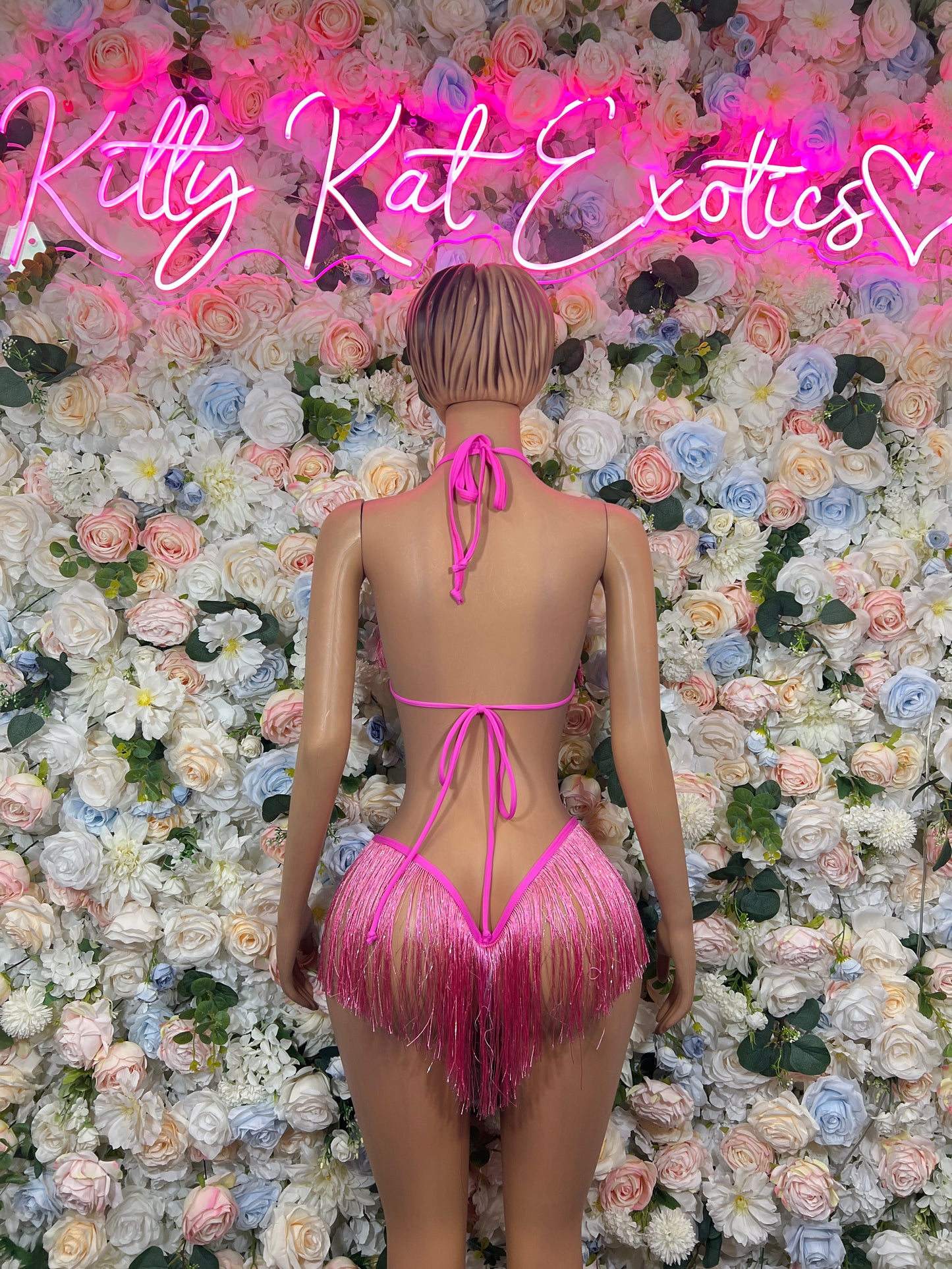 Hot Pink Holographic Metallic Two Piece Fringe Costume Set Rave Festival