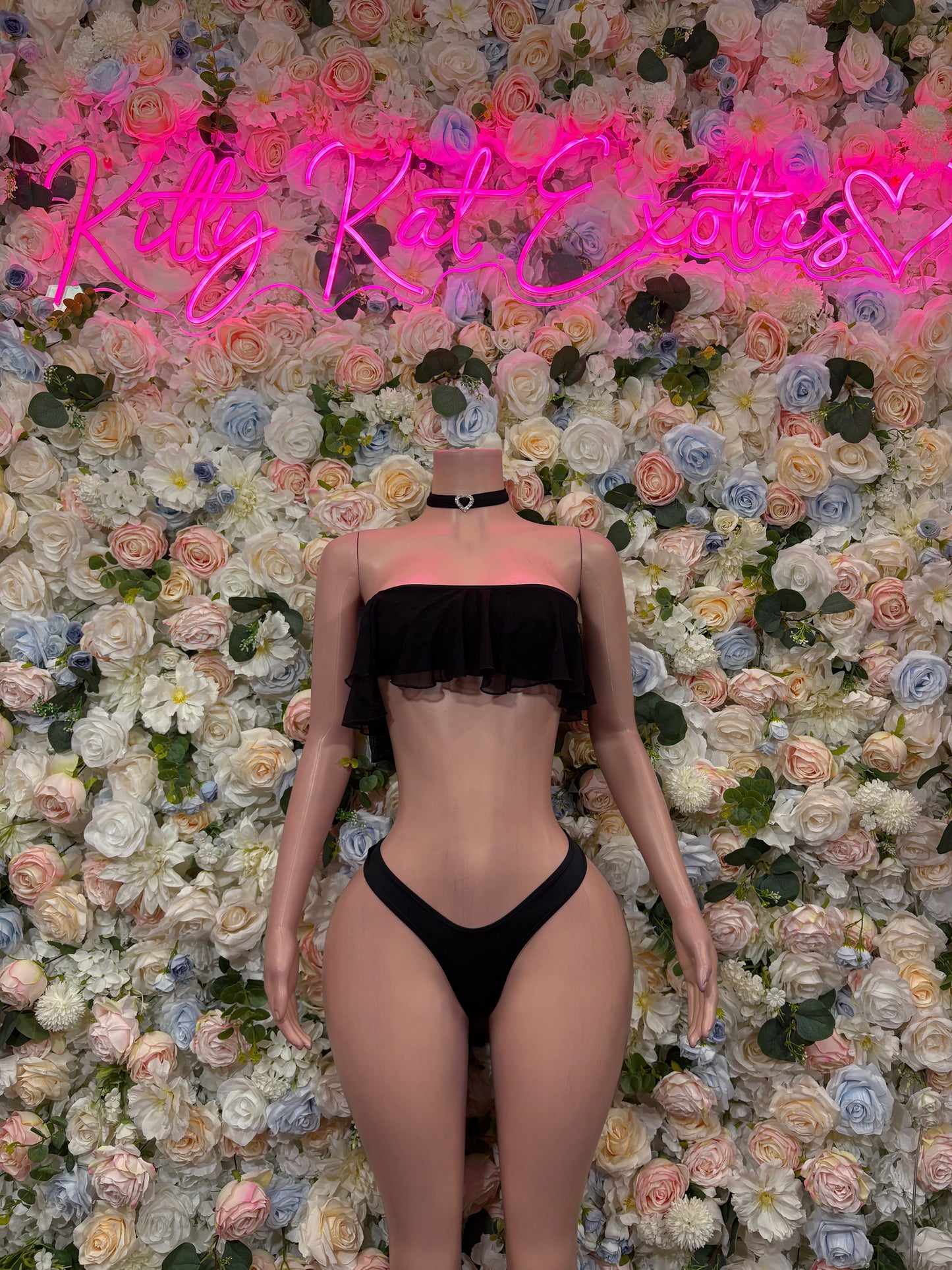 Black ruffle crop top bikini with triangle top and high-cut bottoms