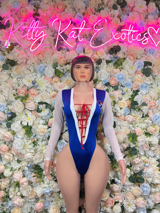 Full view blue Puerto Rico flag bodysuit with white sleeves, lace-up front, side cutouts