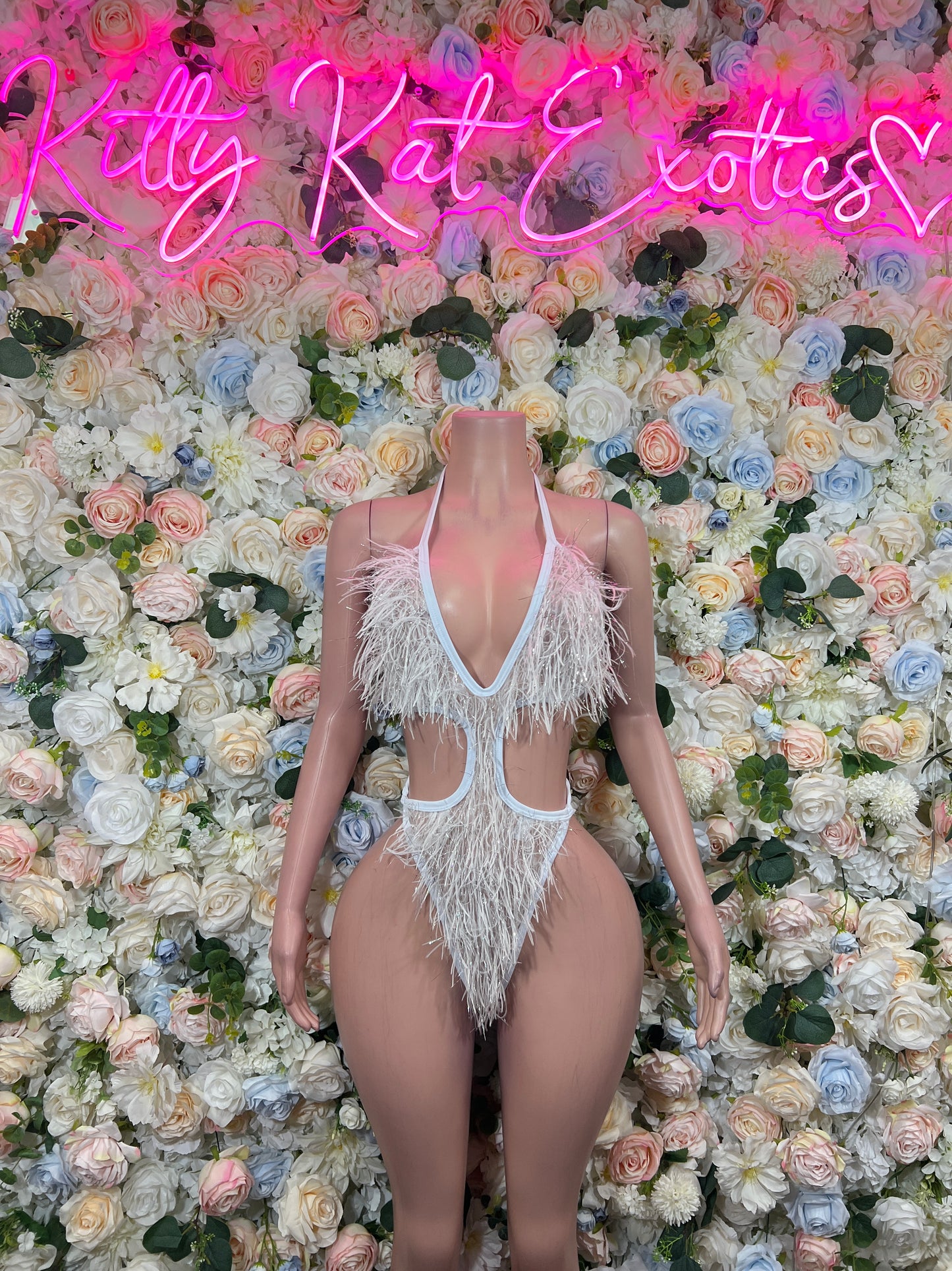 White Feather Fringe Bodysuit Rave Festival Exotic Dancewear Sparkly Glitter Boa Club Outfit