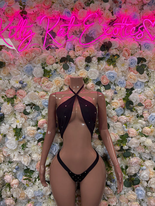 Black halter bodysuit with deep V neckline and minimal thong bottom