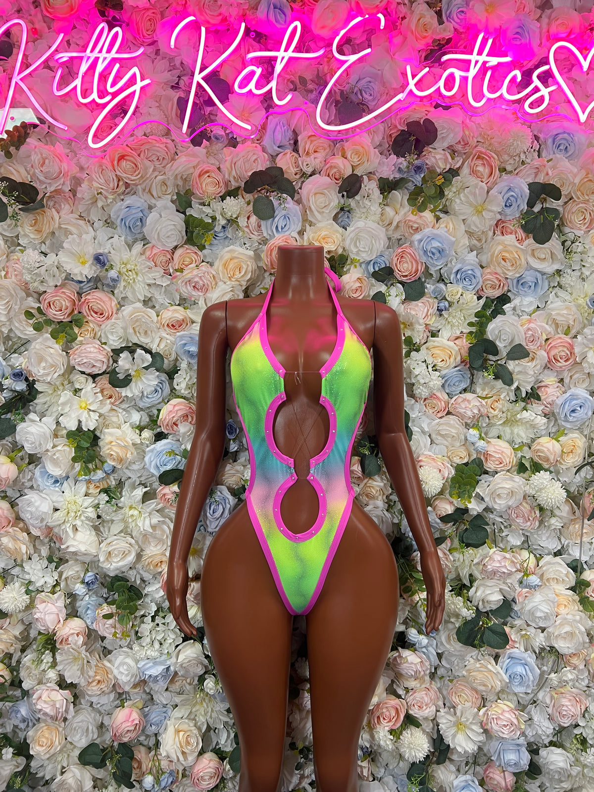 Neon Rainbow Cutout Bodysuit – Pink Trim Rave Dancewear, Festival Clubwear
