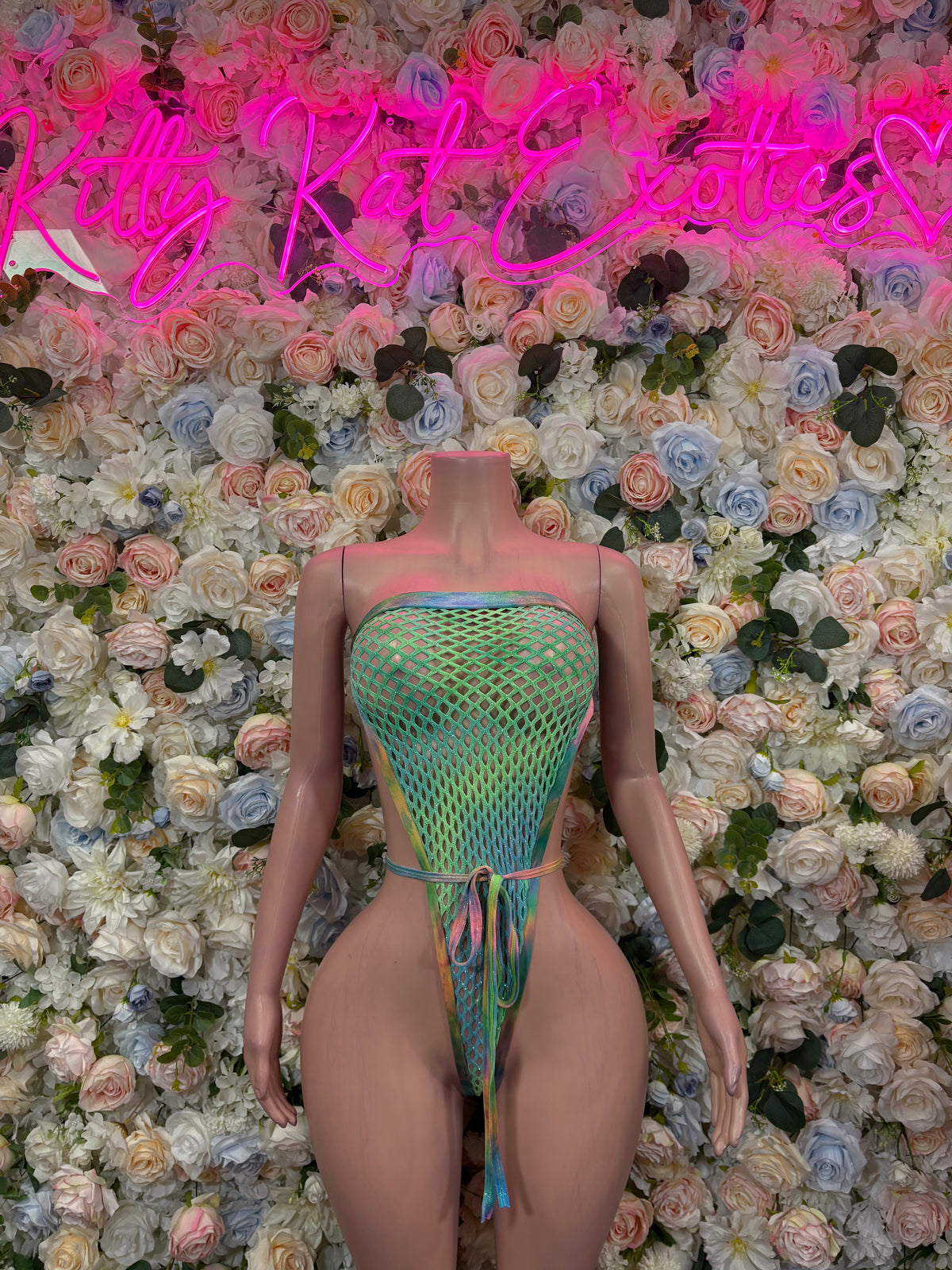 Multicolor Neon Green Fishnet Rave Bodysuit, Strapless Mesh One Piece, Festival Outfit, Clubwear, Dancewear, Performance Party Look