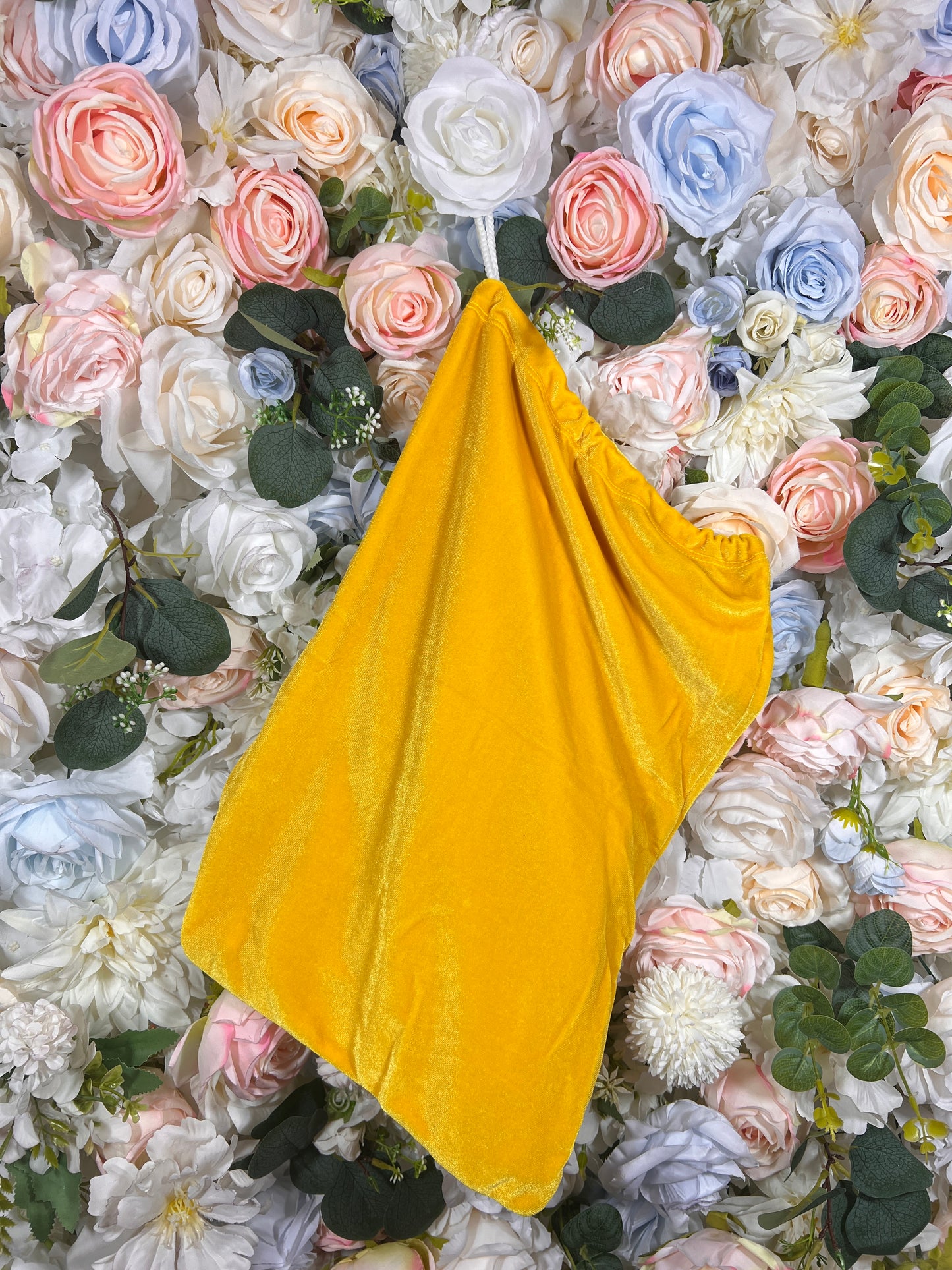 Yellow velvet money bag with draped, gathered top