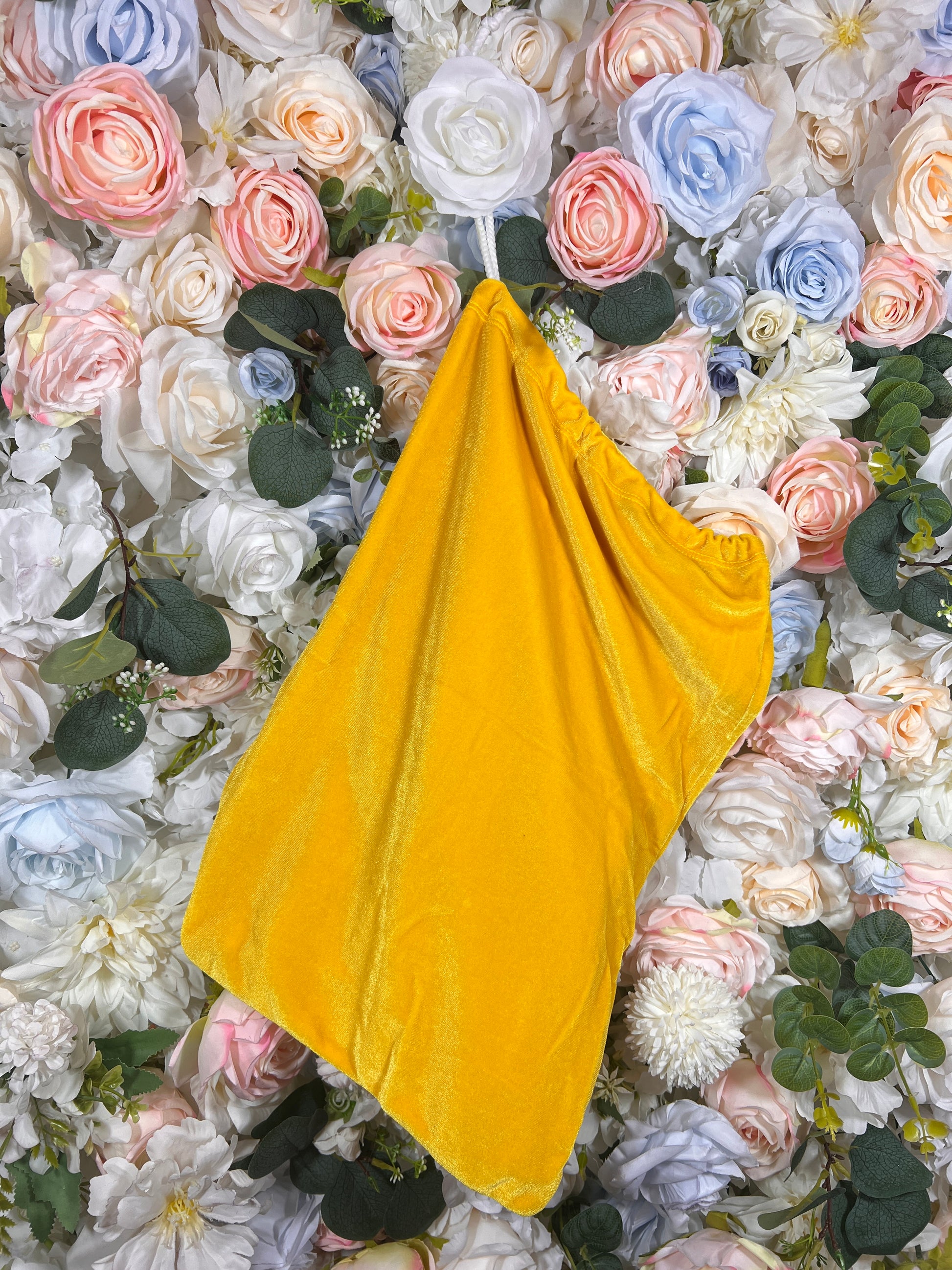Yellow velvet money bag with draped, gathered top