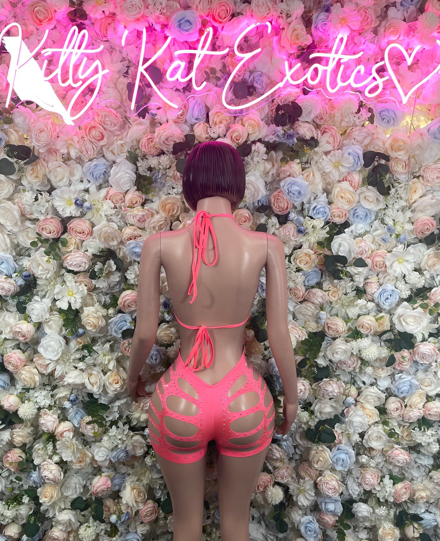 Coral Rhinestone Bodysuit Outfit One-Piece Exotic Dancewear Rave Outfit