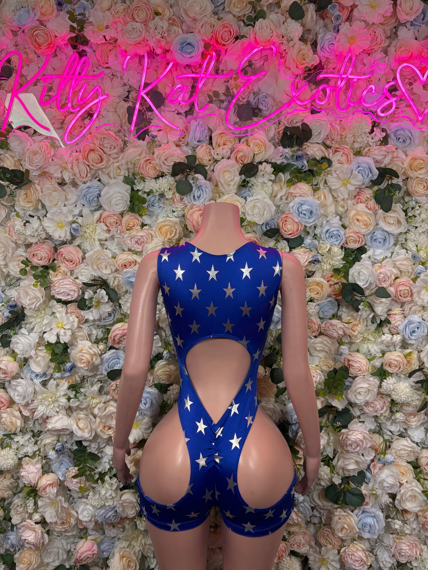 Stars-and-stripes bodysuit with heart back cutout and high-leg sides