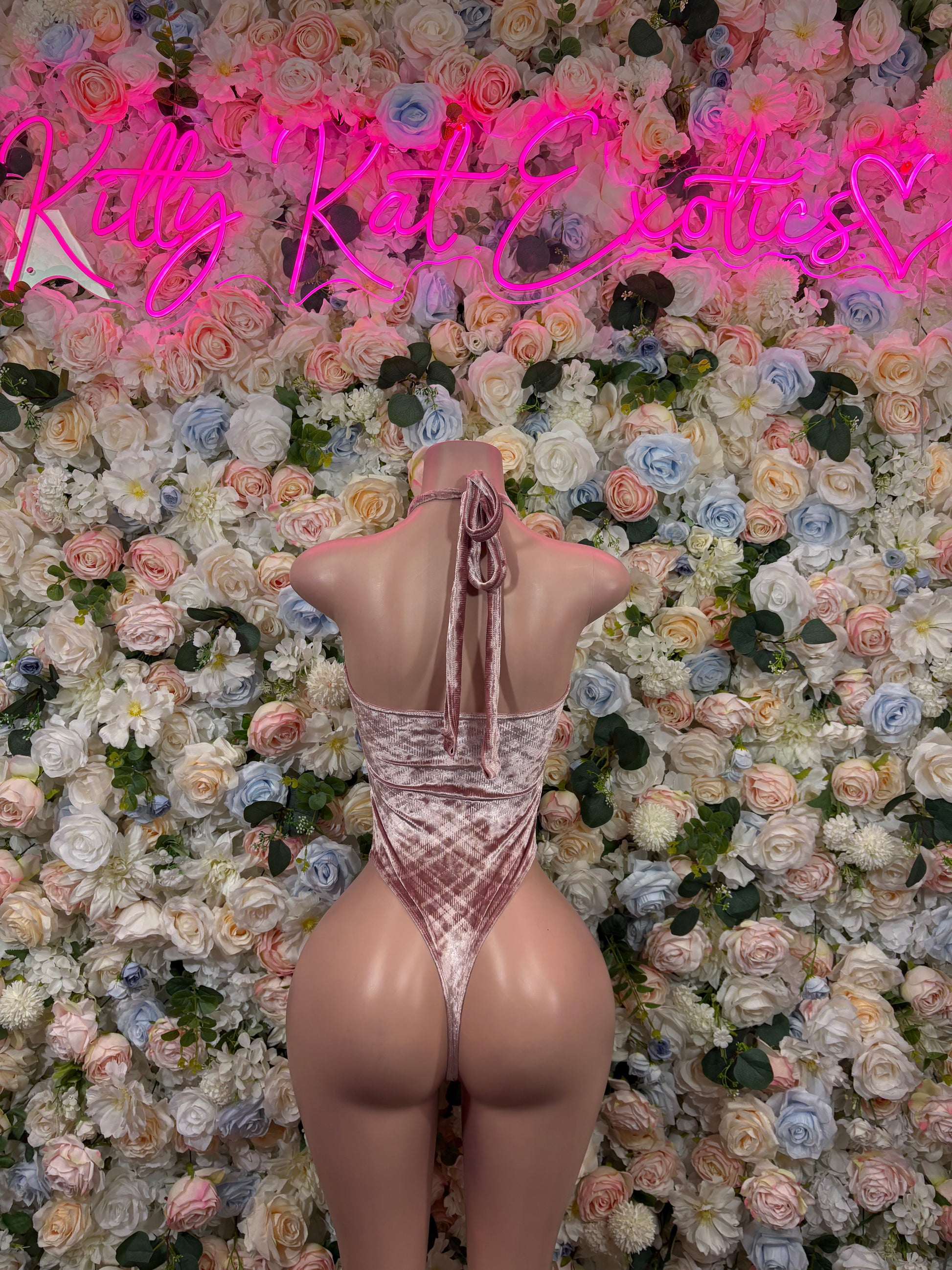 Velvet bodysuit with lace-up open back and high-cut legs, pink nude