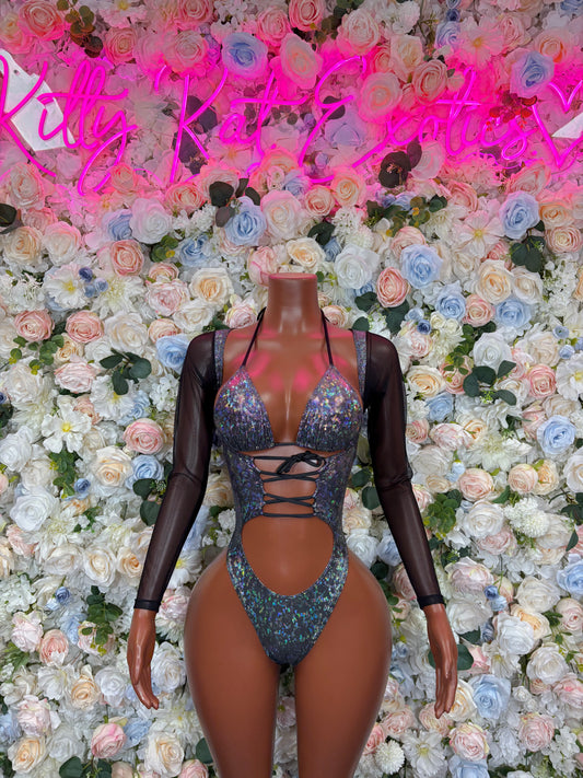 Bottlegirl Outfit Black Metallic Bodysuit - One Piece Bartender Outfit, EDM Dancewear, Party Clubwear