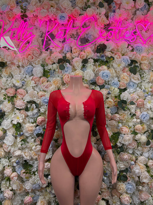 Red long-sleeve bodysuit with deep V front cutout and open back, sparkly knit