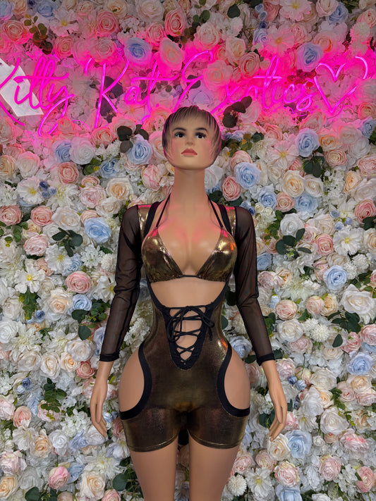 Gold metallic bodysuit with black sheer long sleeves, lace-up front and cheeky cut