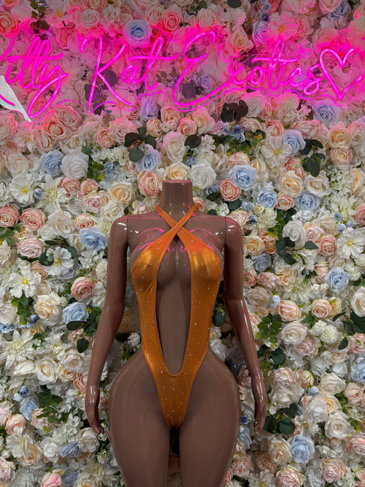 Orange one-piece bodysuit with V neckline and crisscross back straps
