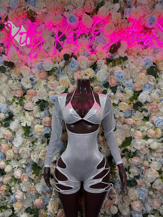 Bottlegirl Bodysuit Silver Metallic Bodysuit - Hologram Design | Exotic Dancewear Bartender Oufit