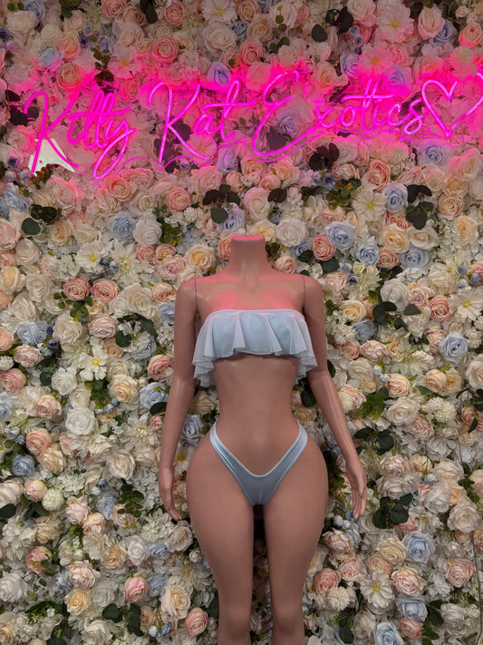 Light blue two-piece rave outfit with ruffled bandeau top and string bikini bottoms