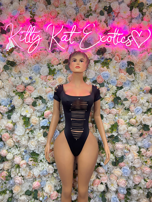 Black bodysuit with short sleeves, scoop neckline, and ribbed front cutout panels