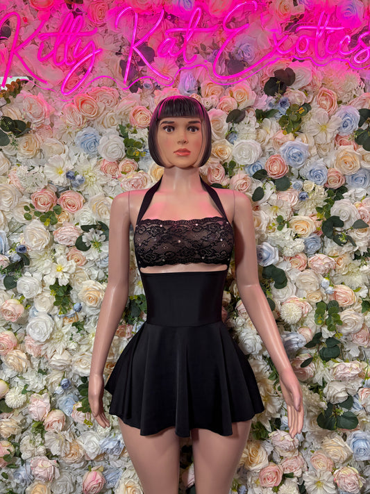 Black lace bralette mini dress with halter straps and flared skirt
