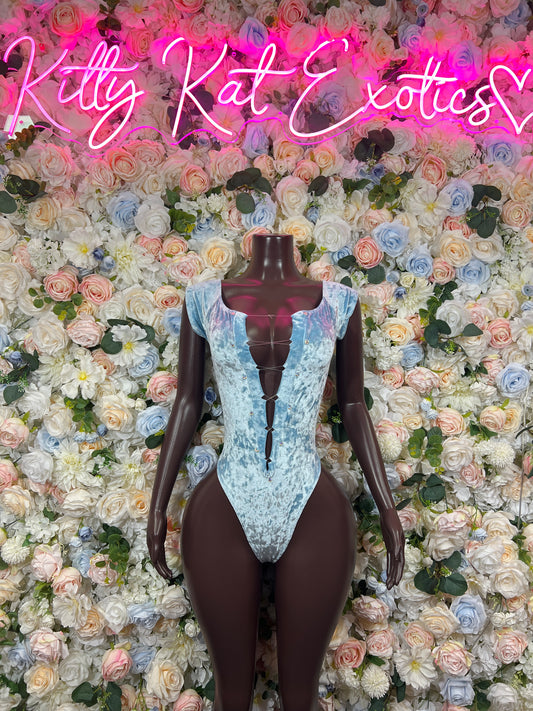 Light blue velvet one-piece bodysuit on mannequin, high-cut leg and V neckline