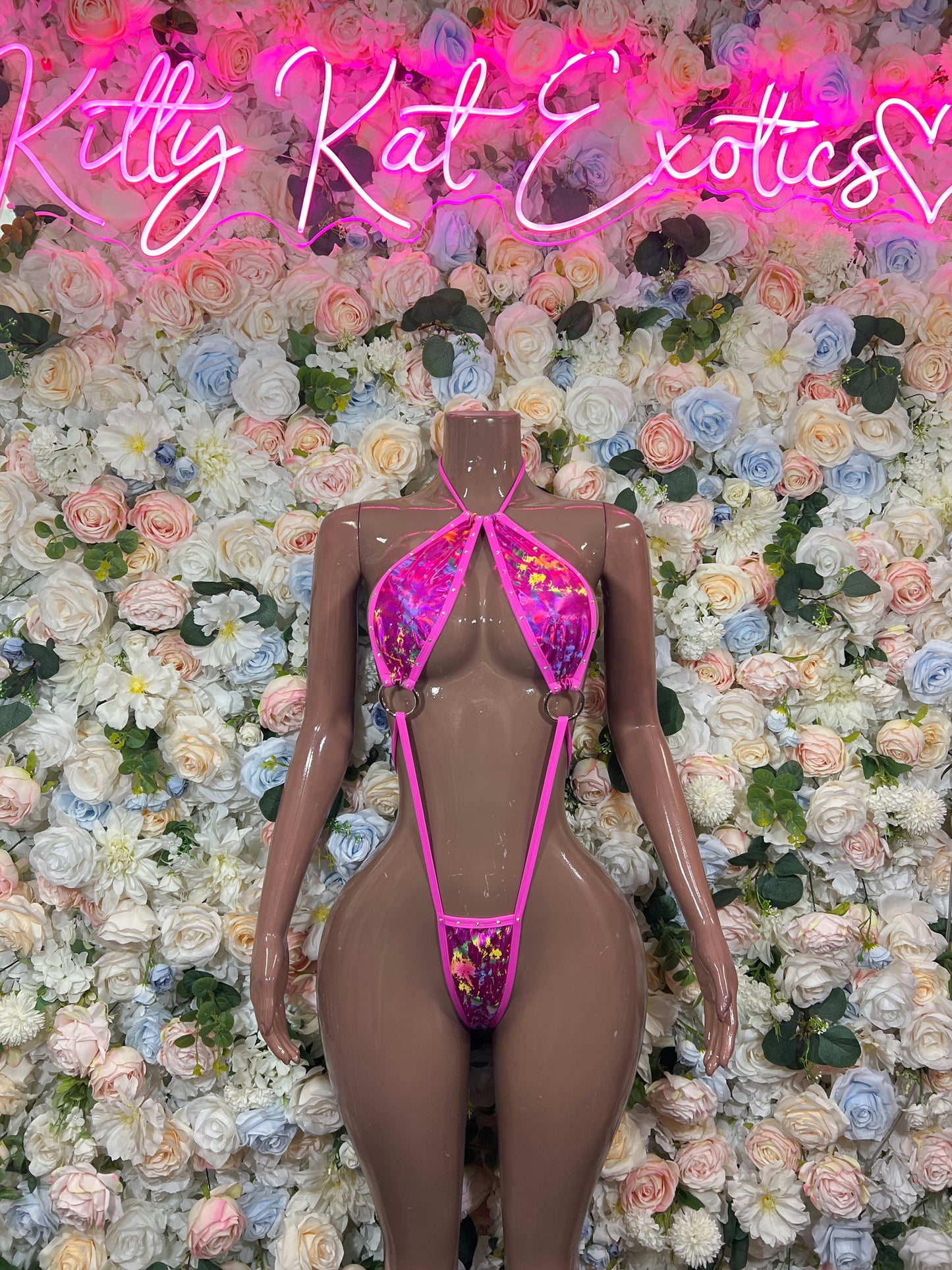 Hot Pink Holographic Metallic Extreme Cutout Halter Bodysuit | Rave Festival