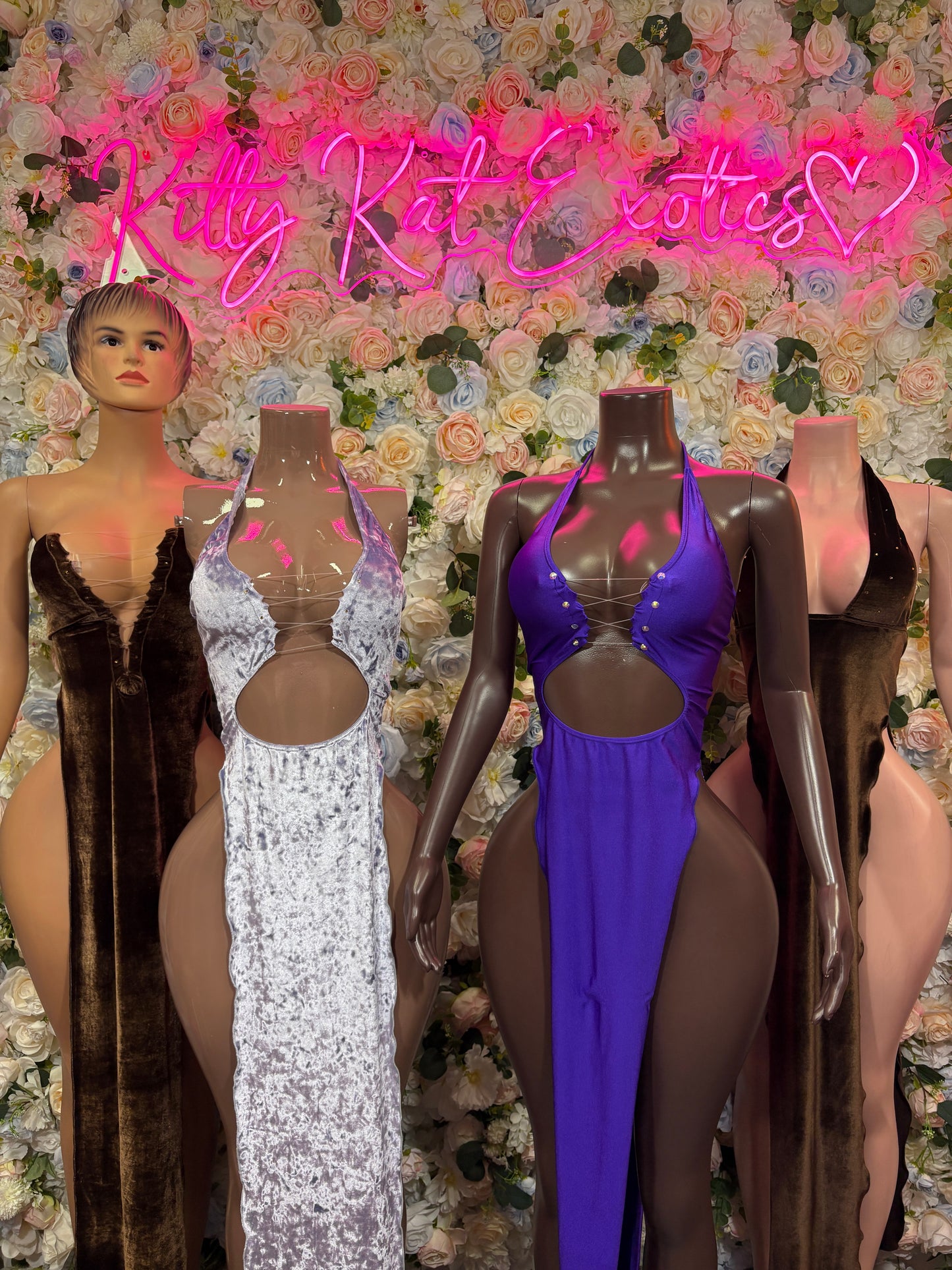 Three sleeveless gowns: dark brown velvet, white sequin, and deep blue dress
