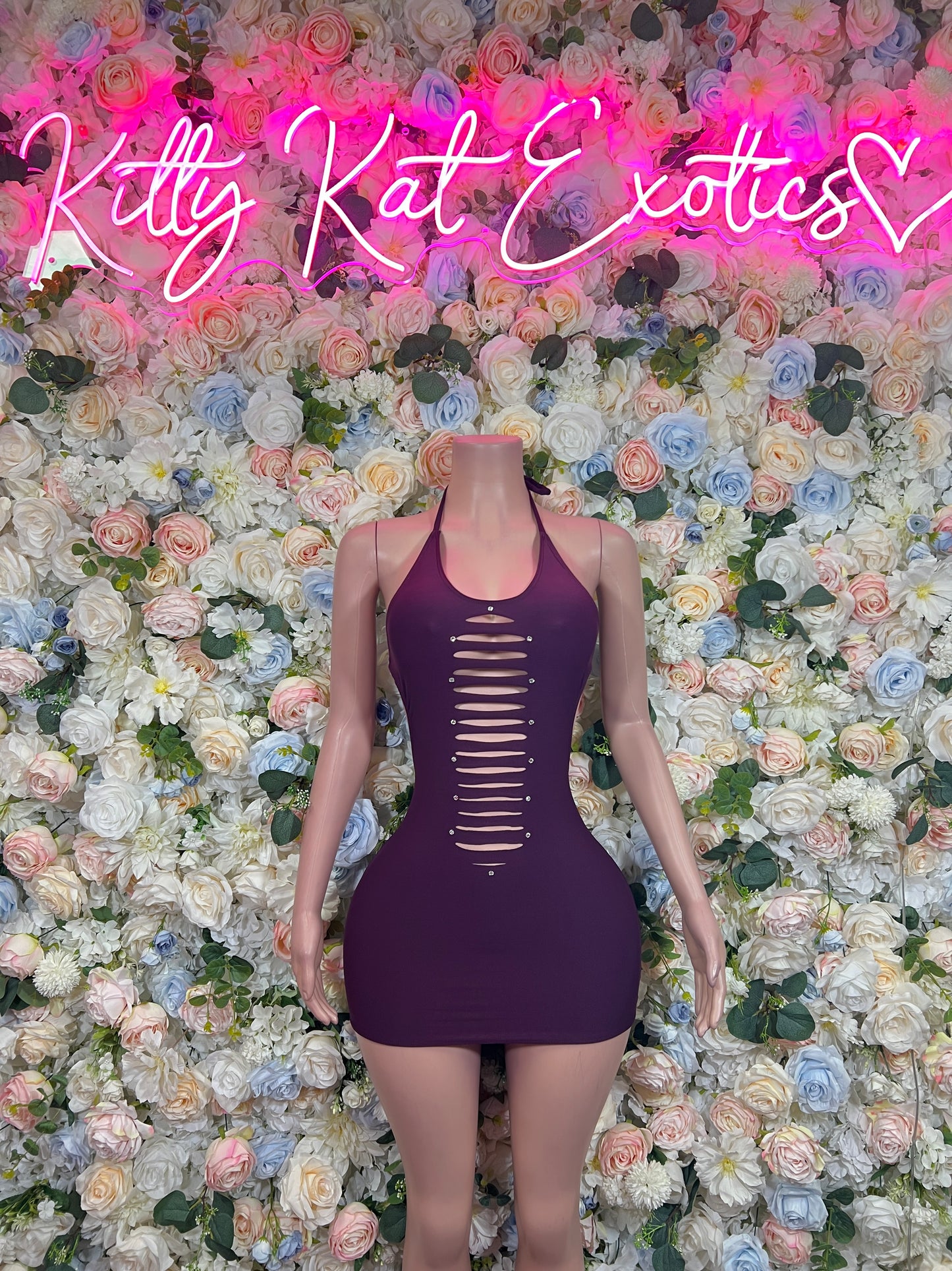 Burgundy halter mini dress with front cutout lacing