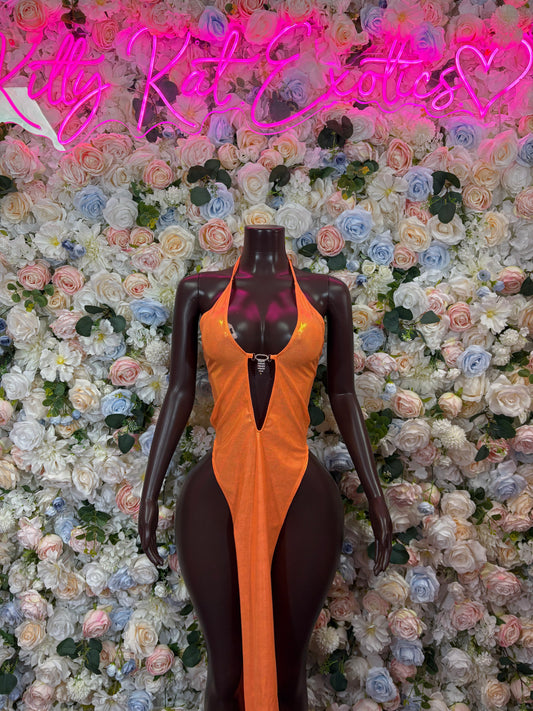 Orange Metallic Gown - Elegant Exotic Dancewear, Formal Evening Dress, Date Night Maxi Gown