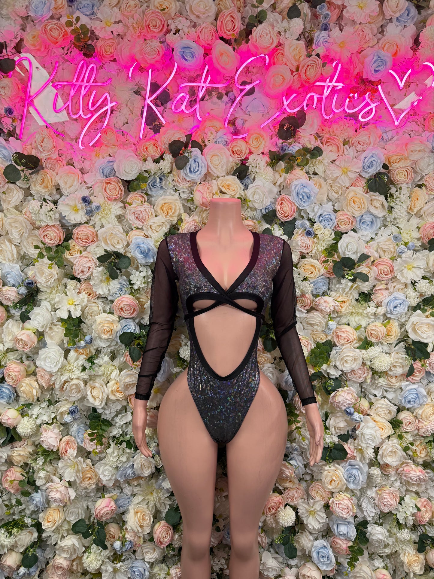 Bottlegirl Black Metallic Hologram Women’s Bartender Bodysuit Exotic Dancewear  Costume