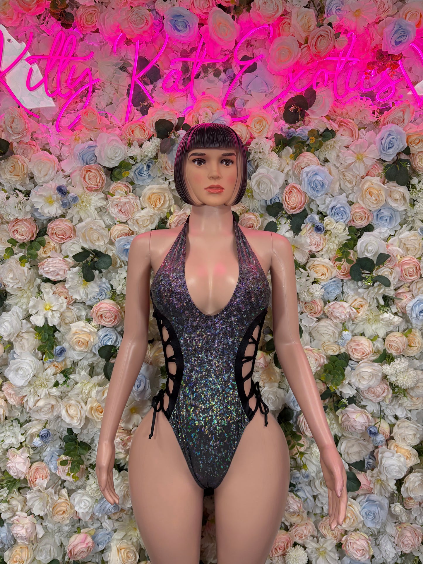 Bottlegirl Outfit Black Metallic Bodysuit - One Piece Bartender Outfit, EDM Dancewear, Party Clubwear