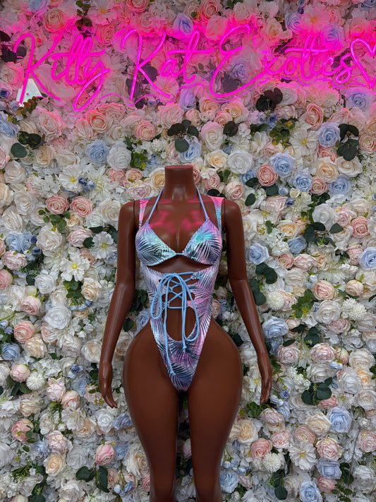 Blue tropical print lace-up bodysuit, underwire cups, high-cut legs