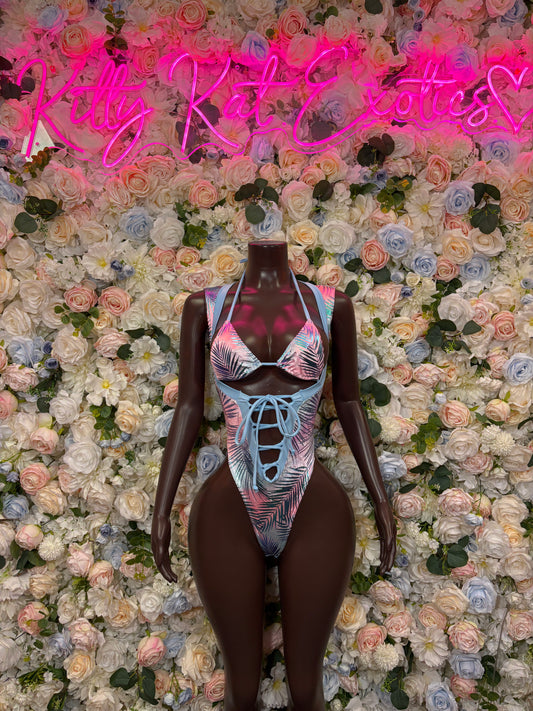 Tropical print bodysuit with blue/pink palm leaves, lace-up front, triangle bra cups
