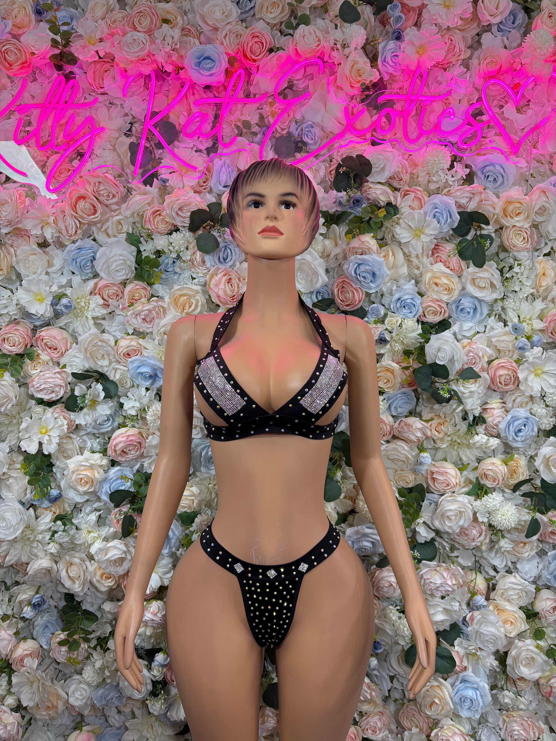 Black rhinestone bikini set with triangle top and high-cut matching bottoms