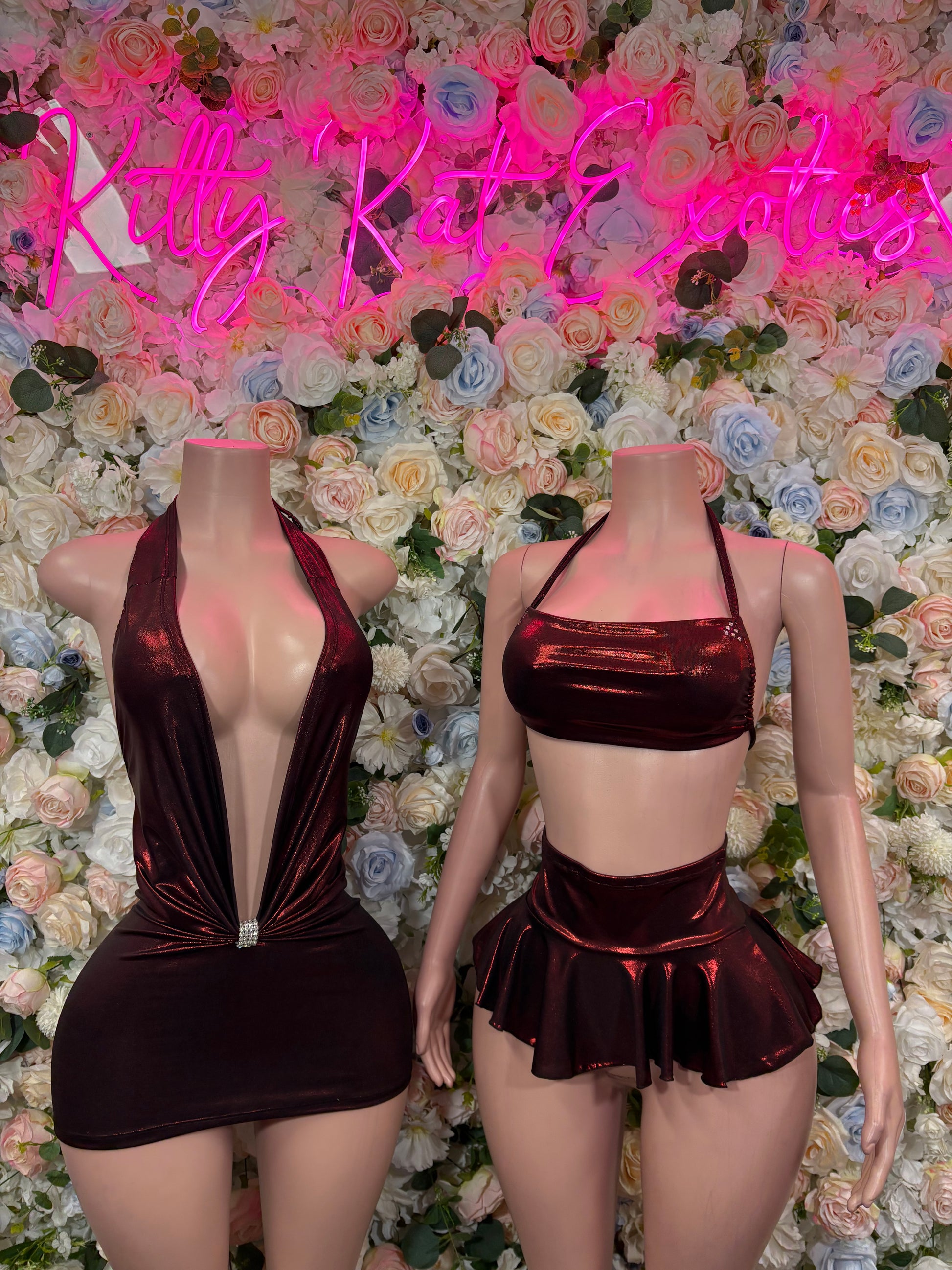 Two dark red halter mini dresses with ruched front and back views
