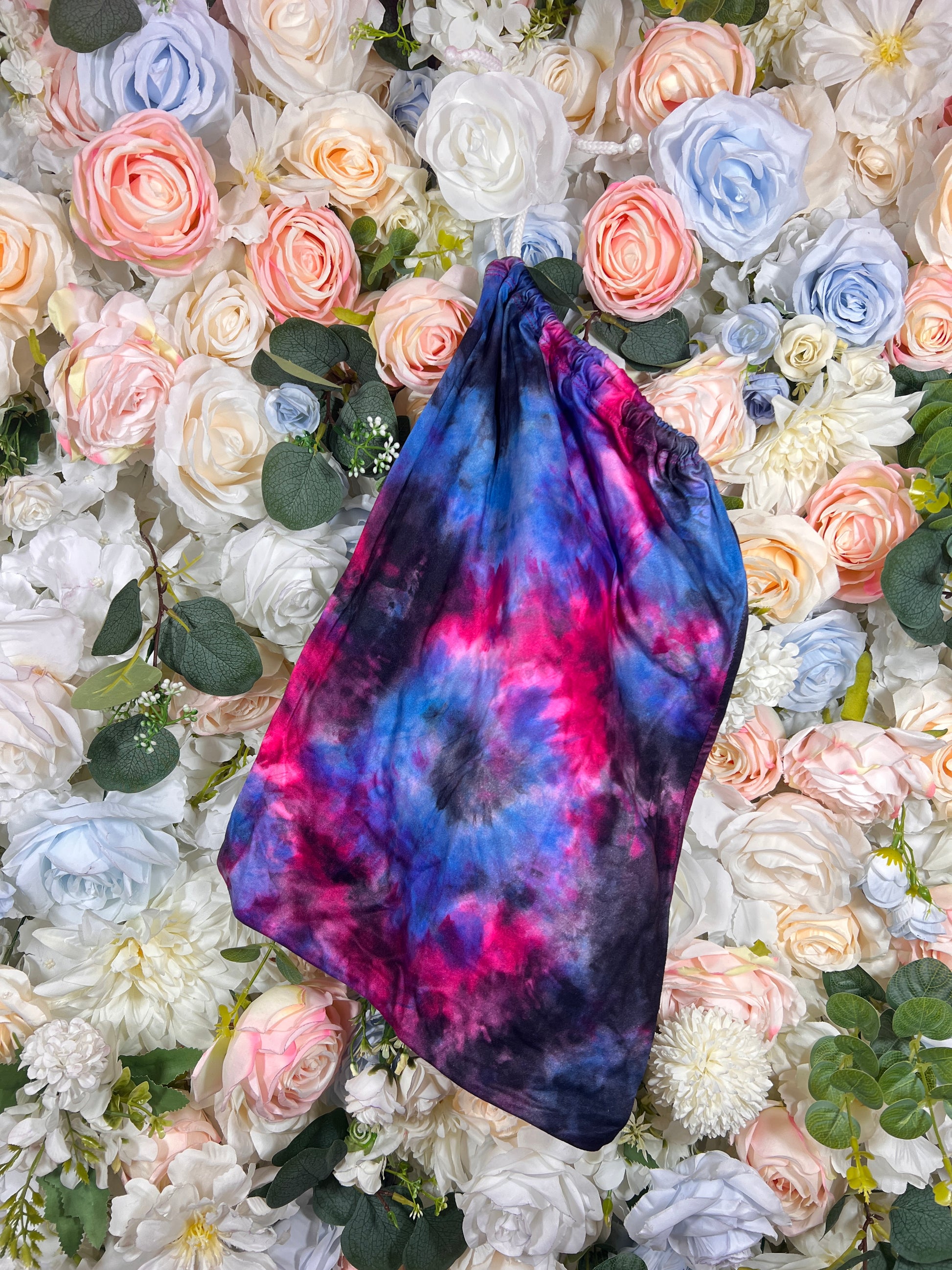 Galaxy print drawstring money pouch, blue and magenta tie-dye swirl