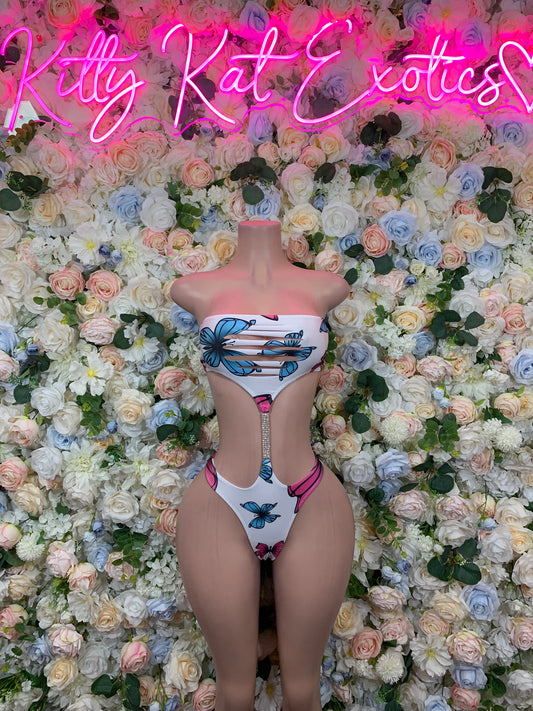 Multicolor butterfly bikini two-piece set, back view with blue and pink butterfly prints