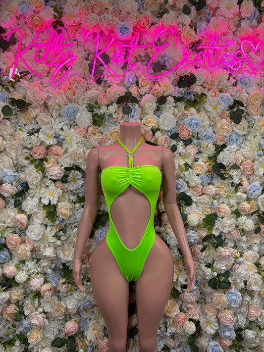 Neon green one-piece bodysuit with halter tie and front cutout, backless