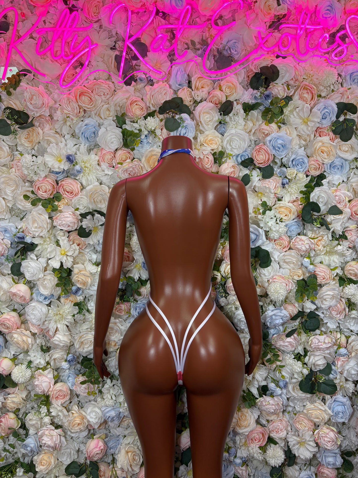 American flag halter monokini bodysuit, back view, blue stars and red-white stripes