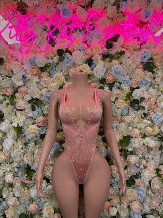 Exotic Dancewear One-Piece Pink Rhinestone Bodysuit - Hologram Design | Exotic Dancewear for Performers, Raves