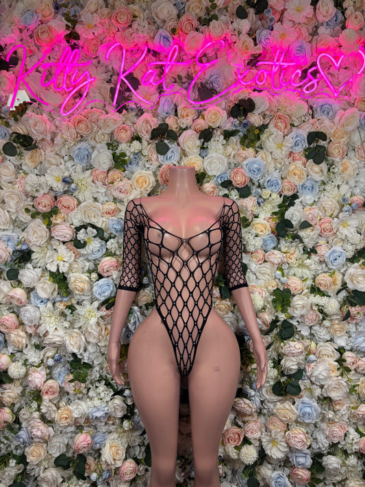 Black fishnet bodysuit with long sleeves and open-back crisscross pattern