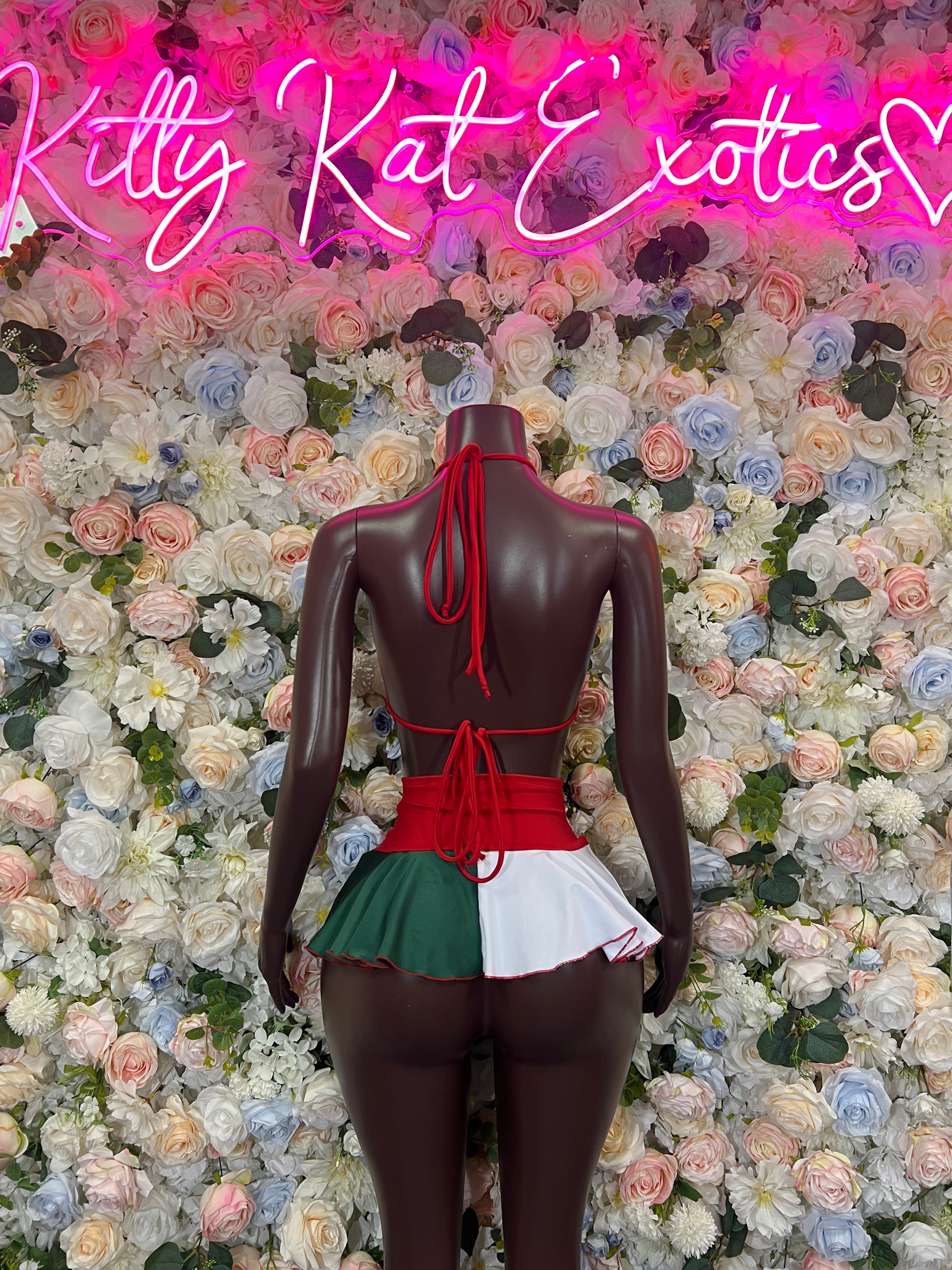 Mexican flag skirt set costume with red top straps and green-and-white ruffled skirt