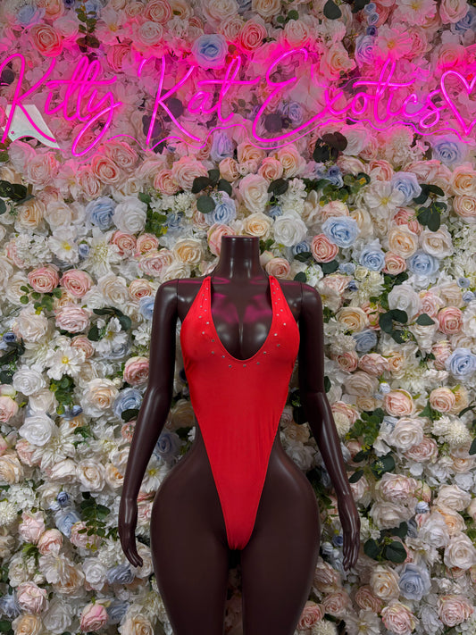 Red sleeveless bodysuit with high-cut legs and deep U neckline
