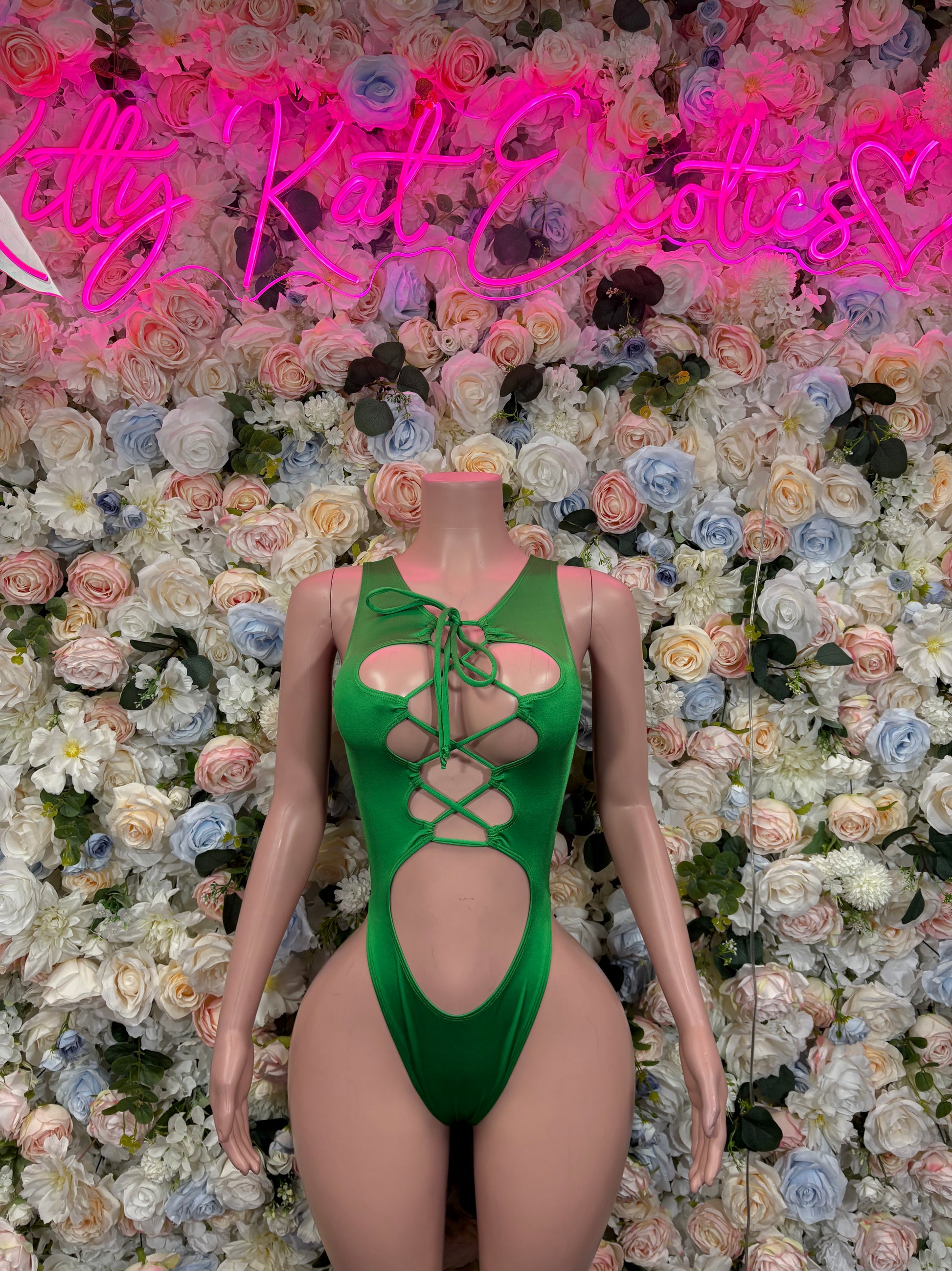 Green St Patrick’s Day bodysuit with lace-up back and high-cut leg openings