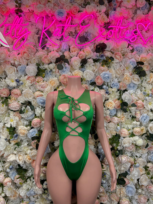 Green St Patrick’s Day bodysuit with lace-up back and high-cut leg openings