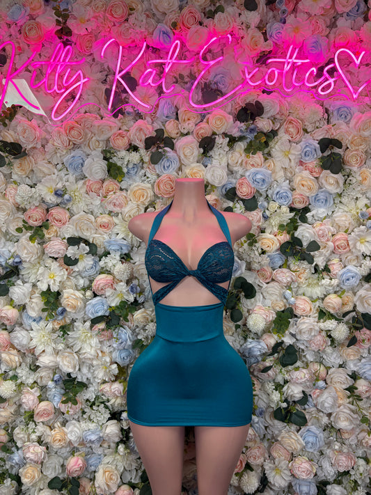 Teal halter bodycon mini dress with crisscross cutout straps and lace cups