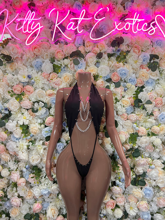 Black monokini with silver rhinestone chain, open front, front view