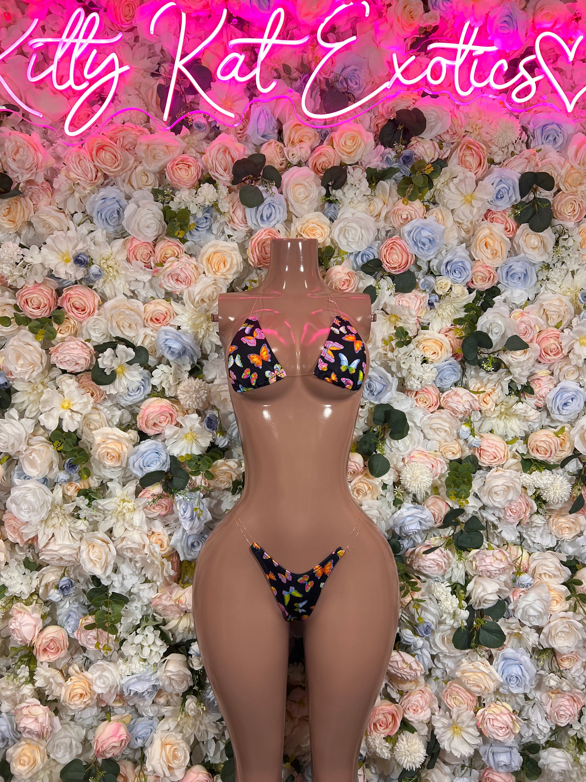 Multicolor butterfly-print bikini set with patterned triangle top and high-coverage bottoms