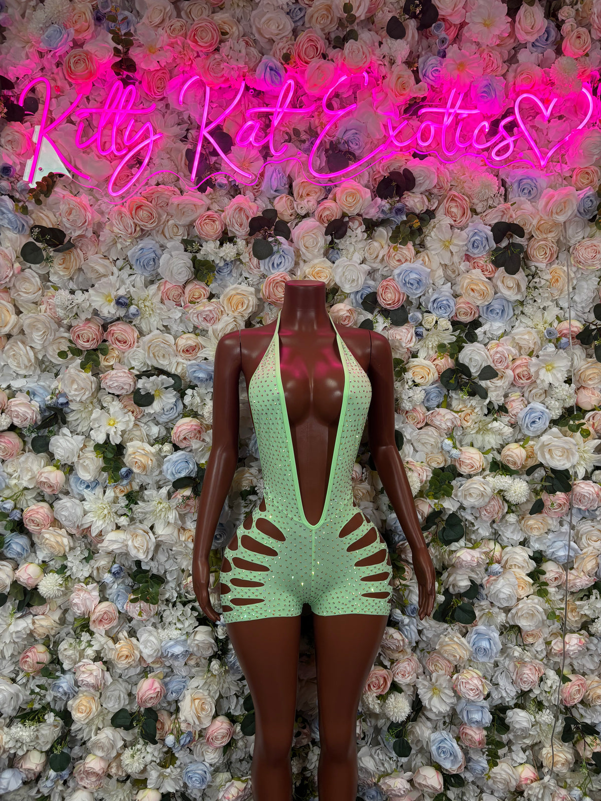 Green One Piece Cutoff -  Rhinestone Festival Outfit,  Dancewear